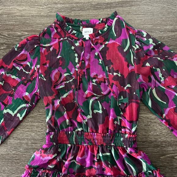 Misa Los Angeles Lorena Dress Holiday Sparkle Small Long Sleeve Tiered‎ Mini EUC - Picture 8 of 16